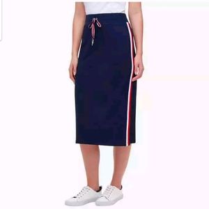 Tommy Hilfiger Side Stripe Casual Stretch Midi Skirt Dark Blue Red Size M